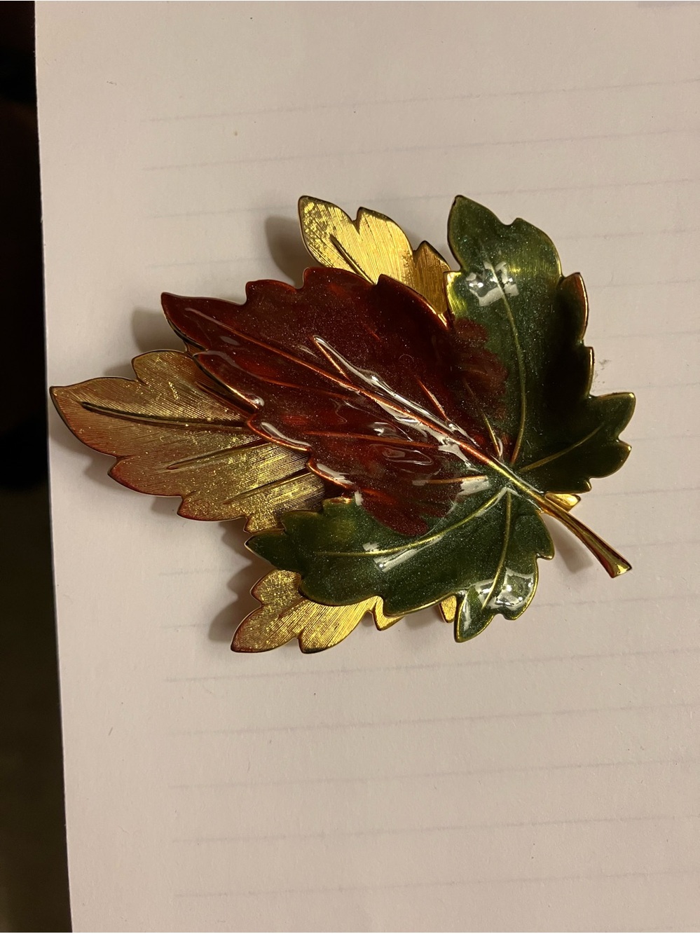 Enamel Leaf Trio Brooch in Green, Red & Gold